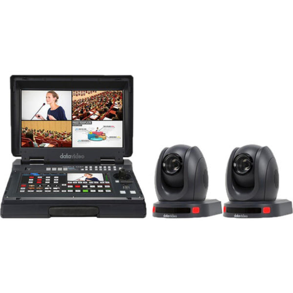Datavideo EZ Stream AI 20X Kit with portable streaming studio and two black PTZ cameras for professional live video production. – image 1