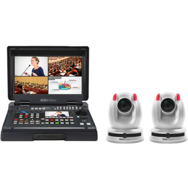 Datavideo EZ Stream AI 30X Kit with portable streaming studio and two white PTZ cameras for professional live streaming. – image 1
