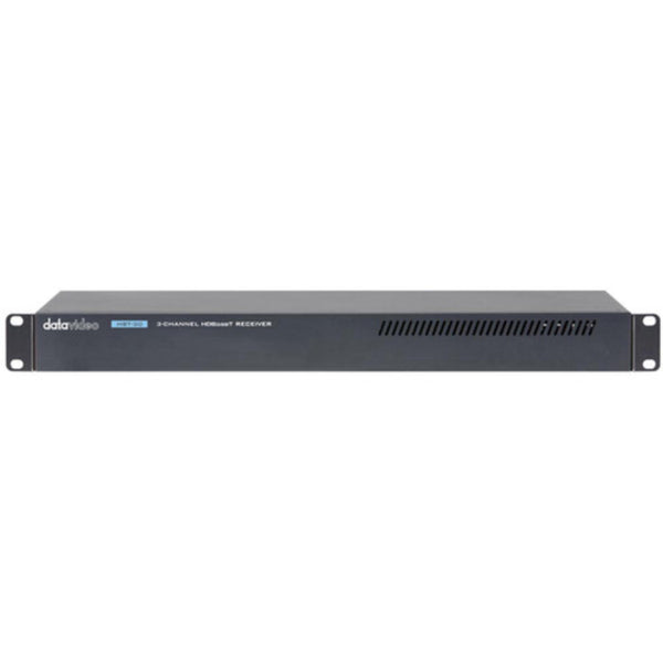 Datavideo 3-channel long-range HDBaseT receiver with HDMI outputs, shown from the front view, designed for extending high-definition signals. – image 1