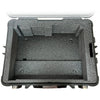 Inside view of Datavideo HC-850S wheeled hard travel case designed for SHOWCAST 100 switcher, showing foam padding and storage compartments.