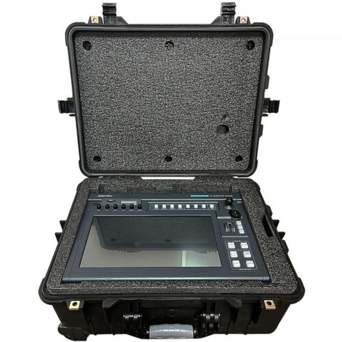 Open view of Datavideo HC-850S wheeled hard travel case for SHOWCAST 100 switcher with foam interior and secure latches. – image 3