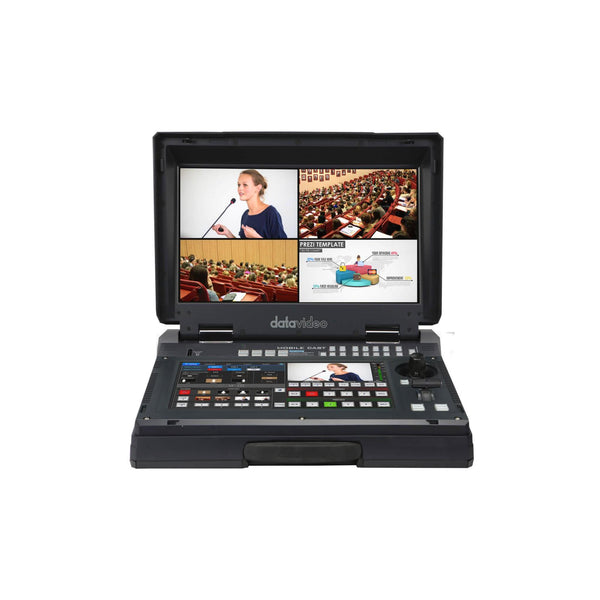 Front view of Datavideo HS-1650T HDBaseT portable tracking and streaming studio with control panel and connectivity ports. – image 2