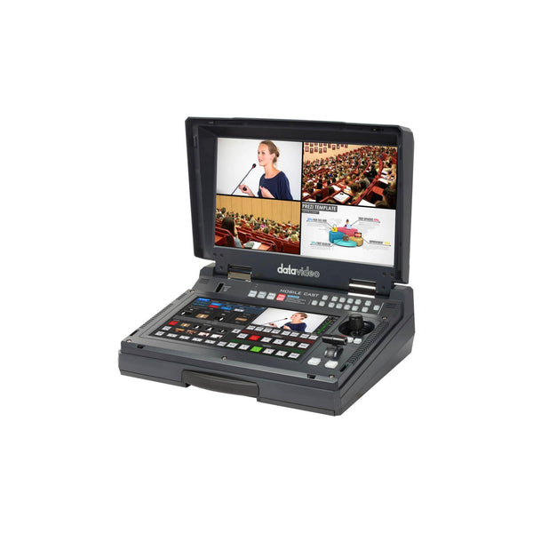 Perspective view of the Datavideo HS-1650T HDBaseT portable tracking and streaming studio setup with multiple connected devices. – image 1