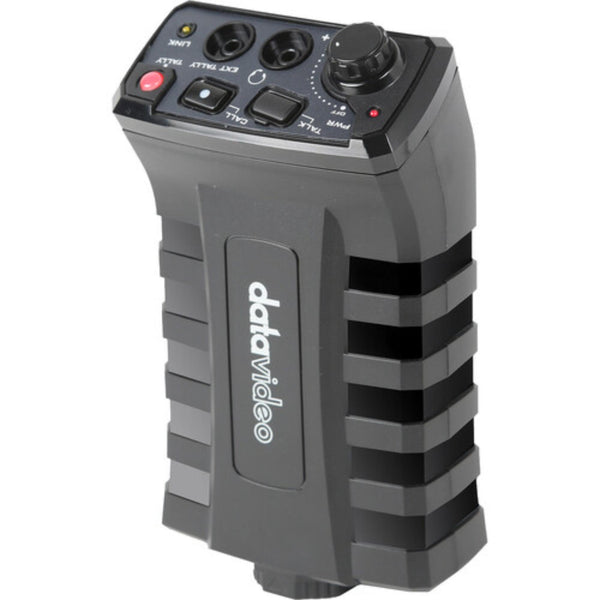 Wireless intercom belt pack by Datavideo, model ITC-300SL, with front view showcasing controls and microphone for professional communication. – image 1