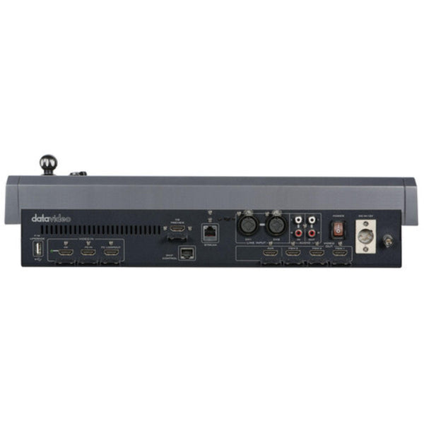 Rear view of Datavideo KMU-300 4K multi-camera production switcher with built-in PTZ camera control.