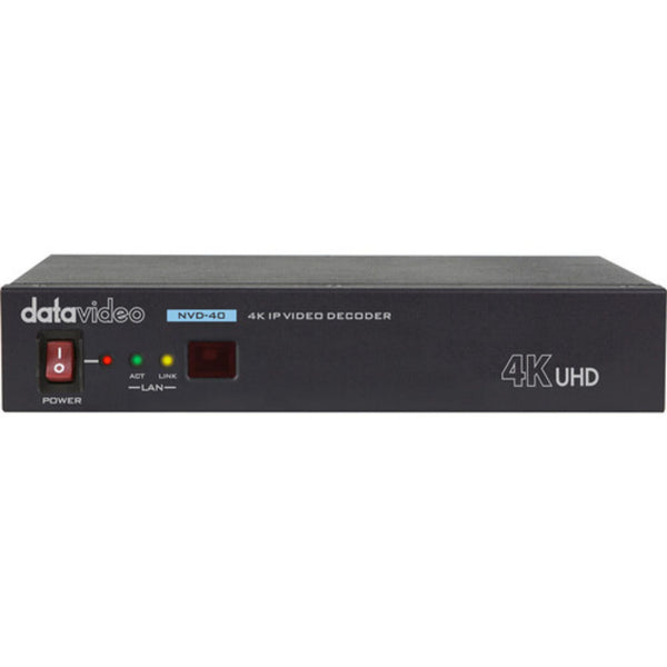 Datavideo NVD-40 4K IP video decoder front view showing control panel and connections, a compact 4K IP video processing device. – image 1