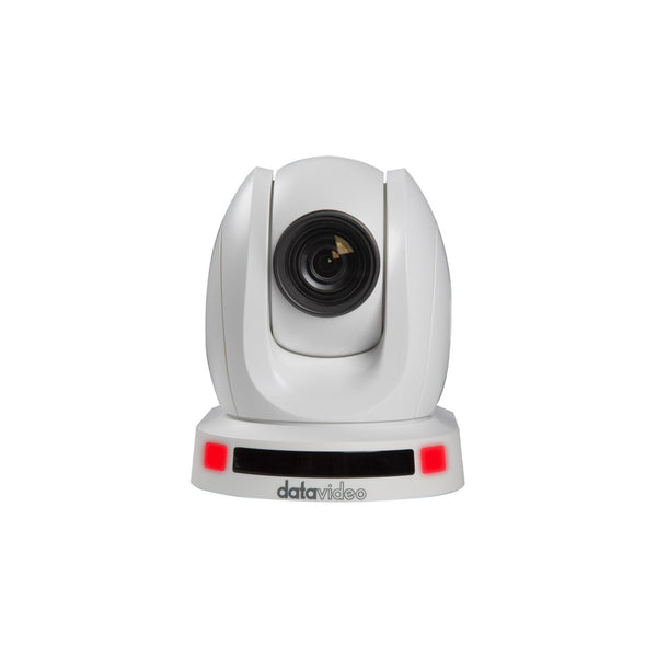 Front view of the Datavideo PTC-145TW 20x HDBaseT PTZ camera in white with 3G-SDI, HDMI, and tracking capabilities – image 1