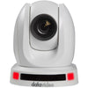 Front view of Datavideo PTC-145 HD-SDI/HDMI 20x PTZ camera with auto tracking in white, featuring control buttons and lens.