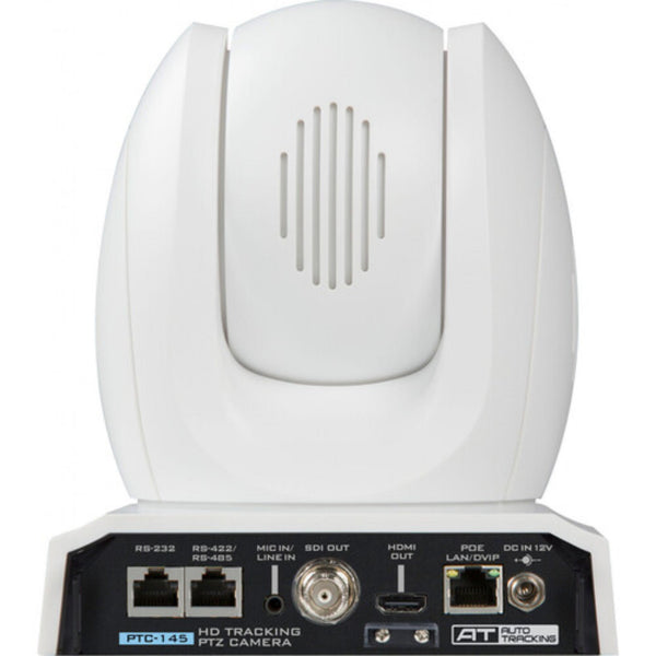 Rear view of Datavideo PTC-145 HD-SDI/HDMI 20x PTZ camera with auto tracking, white color, showcasing connection ports and design. – image 2
