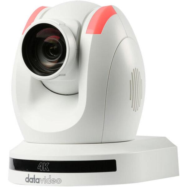 Front view of Datavideo PTC-280NDI 4K PTZ camera in white, featuring HDMI, 3G-SDI, and NDI connectivity for professional video production. – image 1