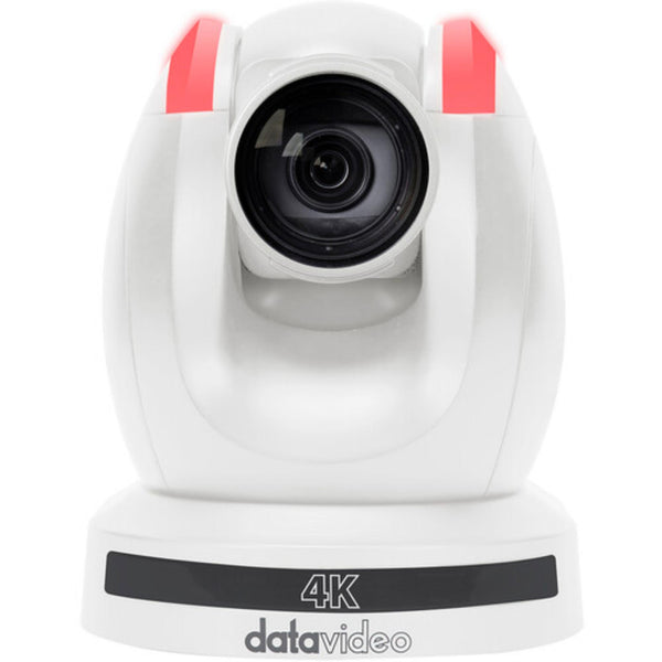 Datavideo 4K PTZ camera with 12x optical zoom in white, featuring HDMI, 3G-SDI, and NDI connectivity, front view. – image 1