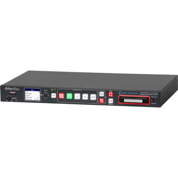 Datavideo iCast 10NDI MK II 4-channel 1080p production switcher with all-in-one streaming capabilities, viewed from a perspective angle. – image 1