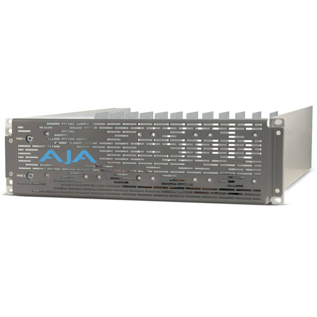 AJA DRM2-PLUS-P1 3RU rack shelf with passive faceplate and single power supply, viewed from the left angle, empty and ready for installation. – image 1