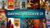 Collection of movie posters with 'Davinci Resolve 21' branding on a blue gradient background.