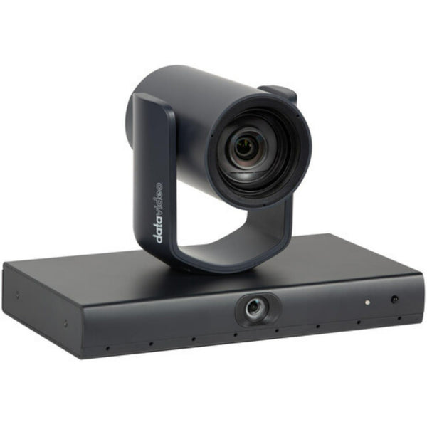 Datavideo VTC-100 dual-lens AI voice-tracking PTZ camera with 12x optical zoom, shown from a perspective view. – image 2