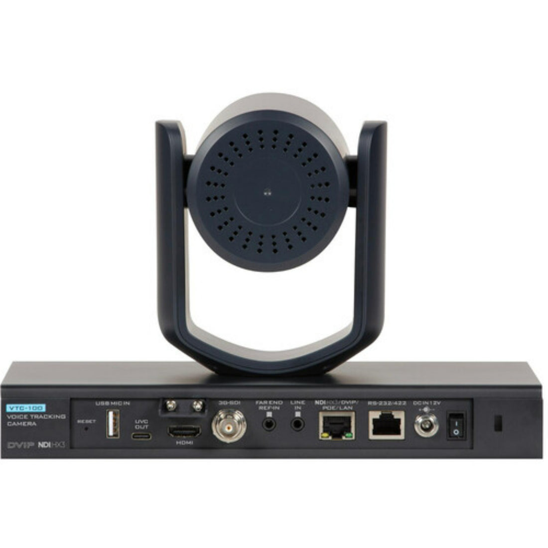 Rear view of Datavideo VTC-100 dual-lens AI voice-tracking PTZ camera with connectivity ports and 12x optical zoom. – image 3