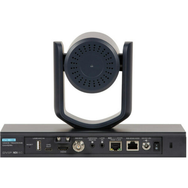Rear view of Datavideo VTC-100 dual-lens AI voice-tracking PTZ camera with connectivity ports and 12x optical zoom. – image 3