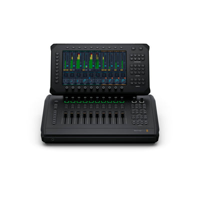 Blackmagic Design Fairlight Live Audio Panel 10 front view, professional audio mixer with multiple control knobs and input channels.