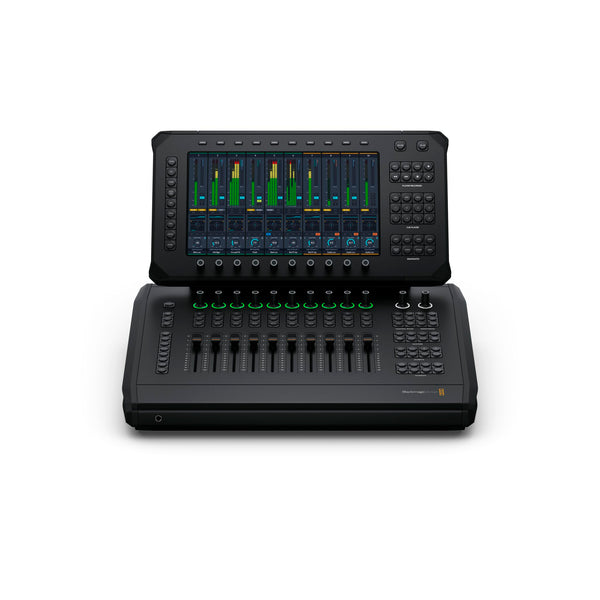 Blackmagic Design Fairlight Live Audio Panel 10 front view, professional audio mixer with multiple control knobs and input channels.