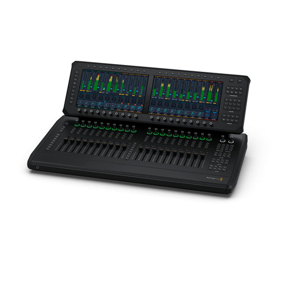 Blackmagic Design Fairlight Live Audio Panel 20 featuring multiple faders, knobs, and control surfaces for professional audio mixing.