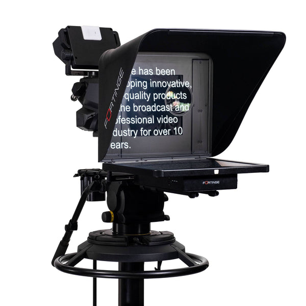 Black television studio camera with a Fortinge ERA IP 17-HB High Brightness 17" Studio Teleprompter displaying text on a white background – image 2