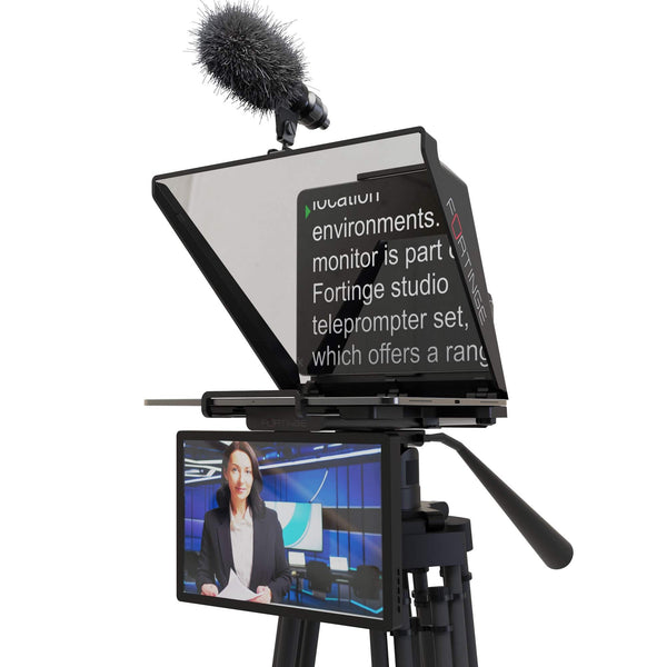 Fortinge NOA III Tablet Teleprompter setup with two screens and a microphone on a white background – image 2