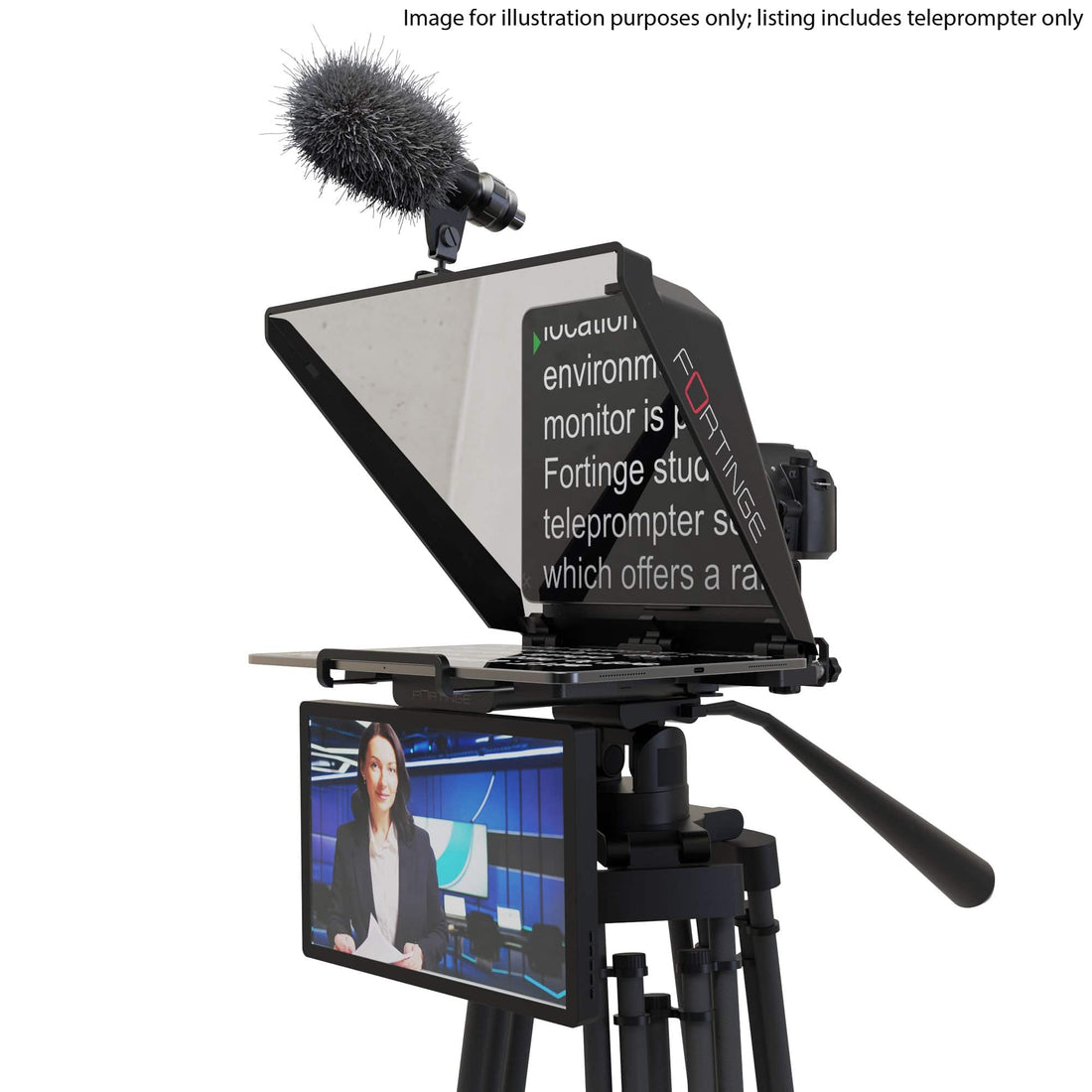 Fortinge NOA III teleprompter with 13-inch screen and Bluetooth controller, displaying reflective glass and adjustable mount setup. – image 5