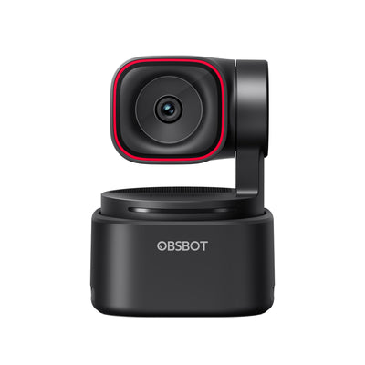 OBSBOT Tiny 3 Lite AI-powered 4K PTZ webcam with spatial audio, front view showing compact design and lens details.