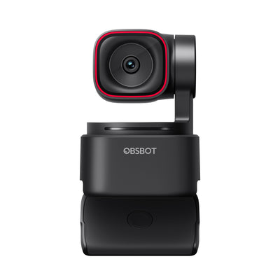 OBSBOT Tiny 3 Lite AI-powered 4K PTZ webcam with spatial audio, featuring a front view and sleek design.