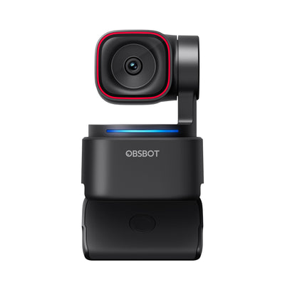 OBSBOT Tiny 3 Lite AI-powered 4K PTZ webcam with built-in spatial audio, front view showing lens and light features.