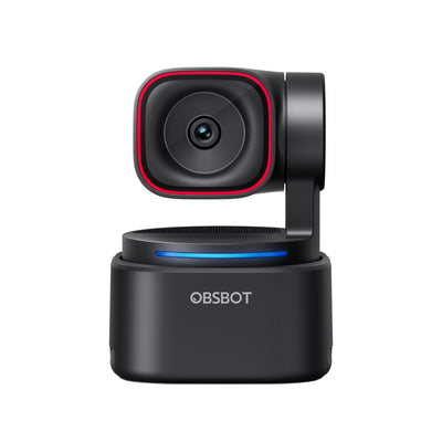 OBSBOT Tiny 3 Lite AI-powered 4K PTZ webcam with built-in spatial audio, front view with LED light, compact and modern design