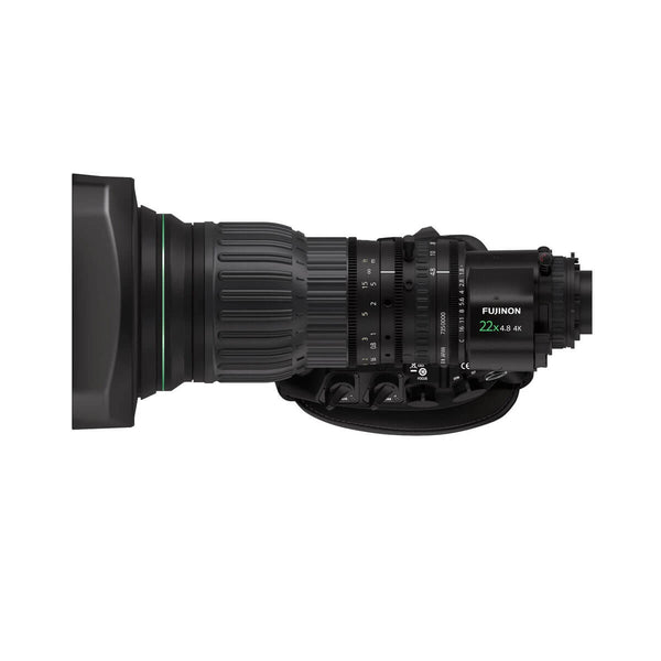 Fujinon UA22x4.8BERD 4K B4 broadcast lens with 22x zoom and 2x extender, shown in a professional studio setting – image 2
