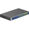 Netgear GS524UP 24-port PoE++ Gigabit unmanaged network switch with front view, showing ports and LED indicators.