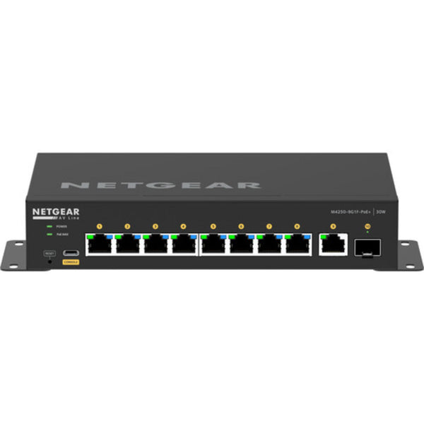Front view of Netgear AV Line M4250 GSM4210PD 8-port Gigabit PoE+ managed AV switch with SFP ports and 110W power capacity. – image 1
