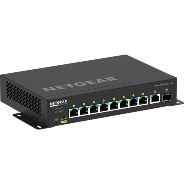 Netgear AV Line M4250 GSM4210PD managed 8-port Gigabit PoE+ Ethernet switch with SFP port, front right isometric view – image 2