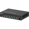 Front top left view of Netgear AV Line M4250 GSM4210PD 8-port Gigabit PoE+ managed AV switch with SFP ports.