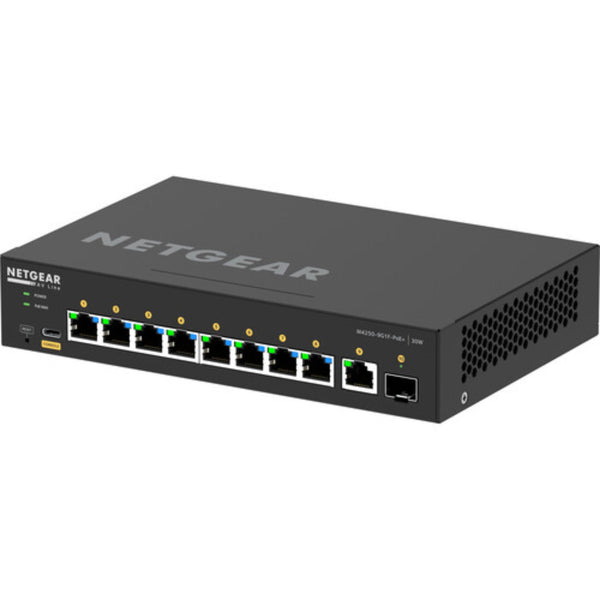 Front top left view of Netgear AV Line M4250 GSM4210PD 8-port Gigabit PoE+ managed AV switch with SFP ports. – image 6
