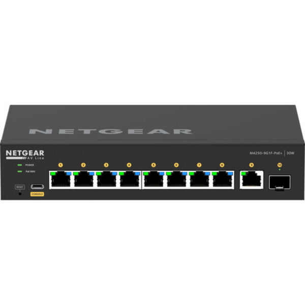 Netgear AV Line M4250 GSM4210PD managed 8-port Gigabit PoE+ switch with SFP, front top view showing ports and LED indicators. – image 5