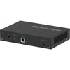 Rear left isometric view of Netgear AV Line M4250 GSM4210PD 8-port Gigabit PoE+ managed AV switch with SFP ports.