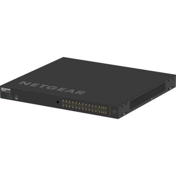 Netgear AV Line M4250 GSM4230UP 24-port Gigabit PoE++ managed network switch with SFP ports, front left isometric view. – image 3