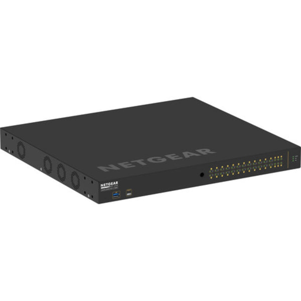 Netgear AV Line M4250 GSM4230UP 24-port Gigabit PoE++ managed network switch with SFP ports, front right isometric view. – image 4