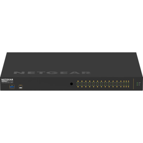 Front top view of Netgear AV Line M4250 GSM4230UP managed 24-port Gigabit PoE++ network switch with SFP ports. – image 1