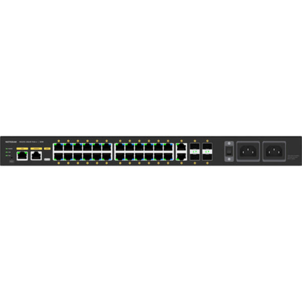 Rear view of Netgear AV Line M4250 GSM4230UP 24-port Gigabit PoE++ managed network switch with SFP ports and 1440W power. – image 8