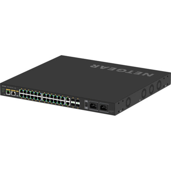 Rear left isometric view of Netgear AV Line M4250 GSM4230UP 24-port Gigabit PoE++ managed network switch with SFP ports. – image 5