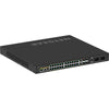 Rear right isometric view of Netgear AV Line M4250 GSM4230UP 24-port Gigabit PoE++ managed network switch with SFP ports.