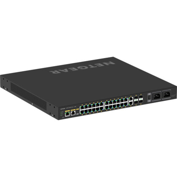 Rear right isometric view of Netgear AV Line M4250 GSM4230UP 24-port Gigabit PoE++ managed network switch with SFP ports. – image 6