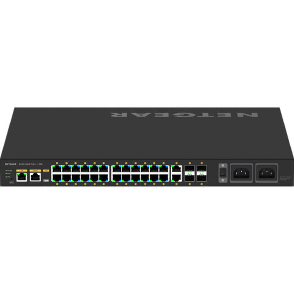 Rear top view of Netgear AV Line M4250 GSM4230UP 24-port Gigabit managed network switch with PoE++ and SFP ports. – image 7