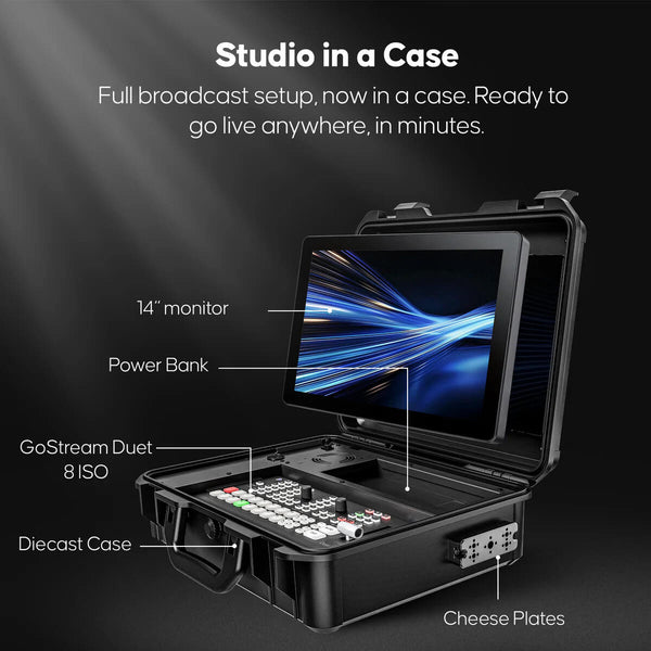 OSEE GoStream Duet 8 ISO video switcher with case kit, showing the device and accessories for live streaming and video production.
