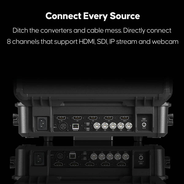 OSEE GoStream Duet 8 ISO video switcher with case kit, featuring multiple control buttons and input/output ports on a sleek interface.
