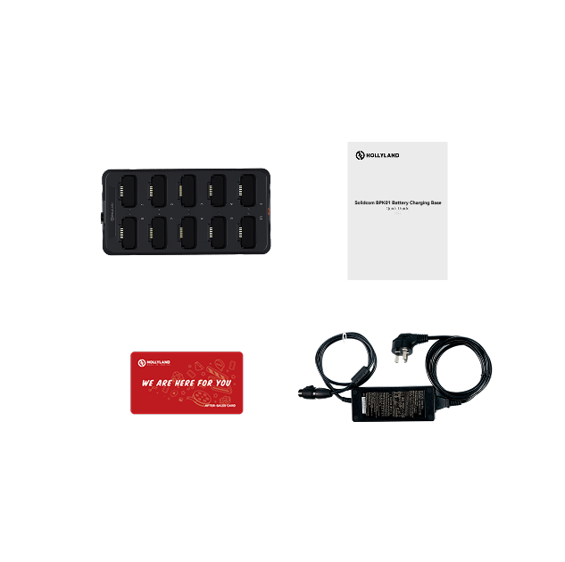 Hollyland Solidcom BPK01 battery charging base for production equipment, with charging ports and connected Hollyland communication devices. – image 2